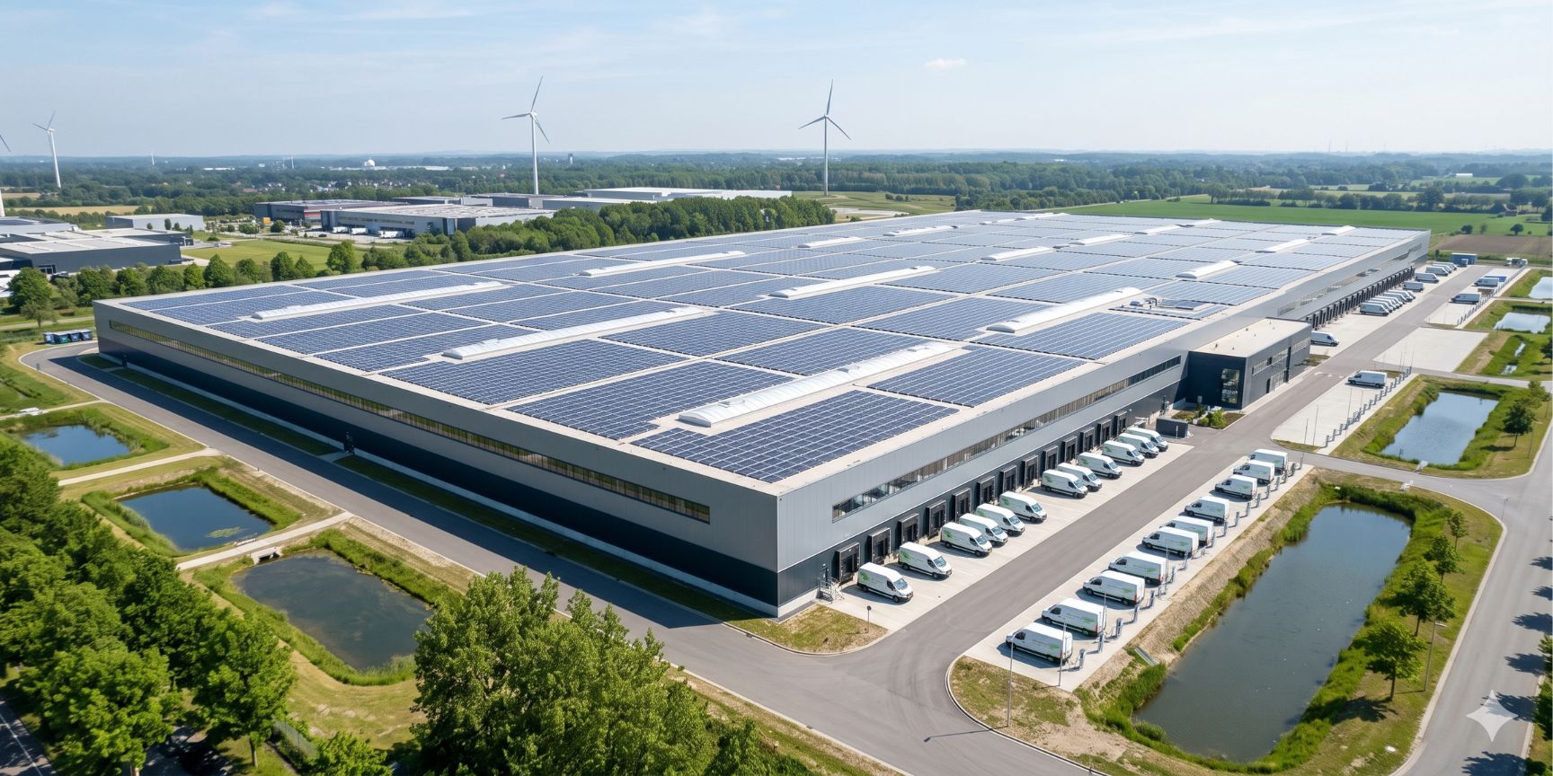 Luftaufnahme einer klimaneutralen Logistikhalle mit vollständiger PV-Dachanlage, Ladestationen für E-Vans und Gründach-Elementen unter blauem Himmel.